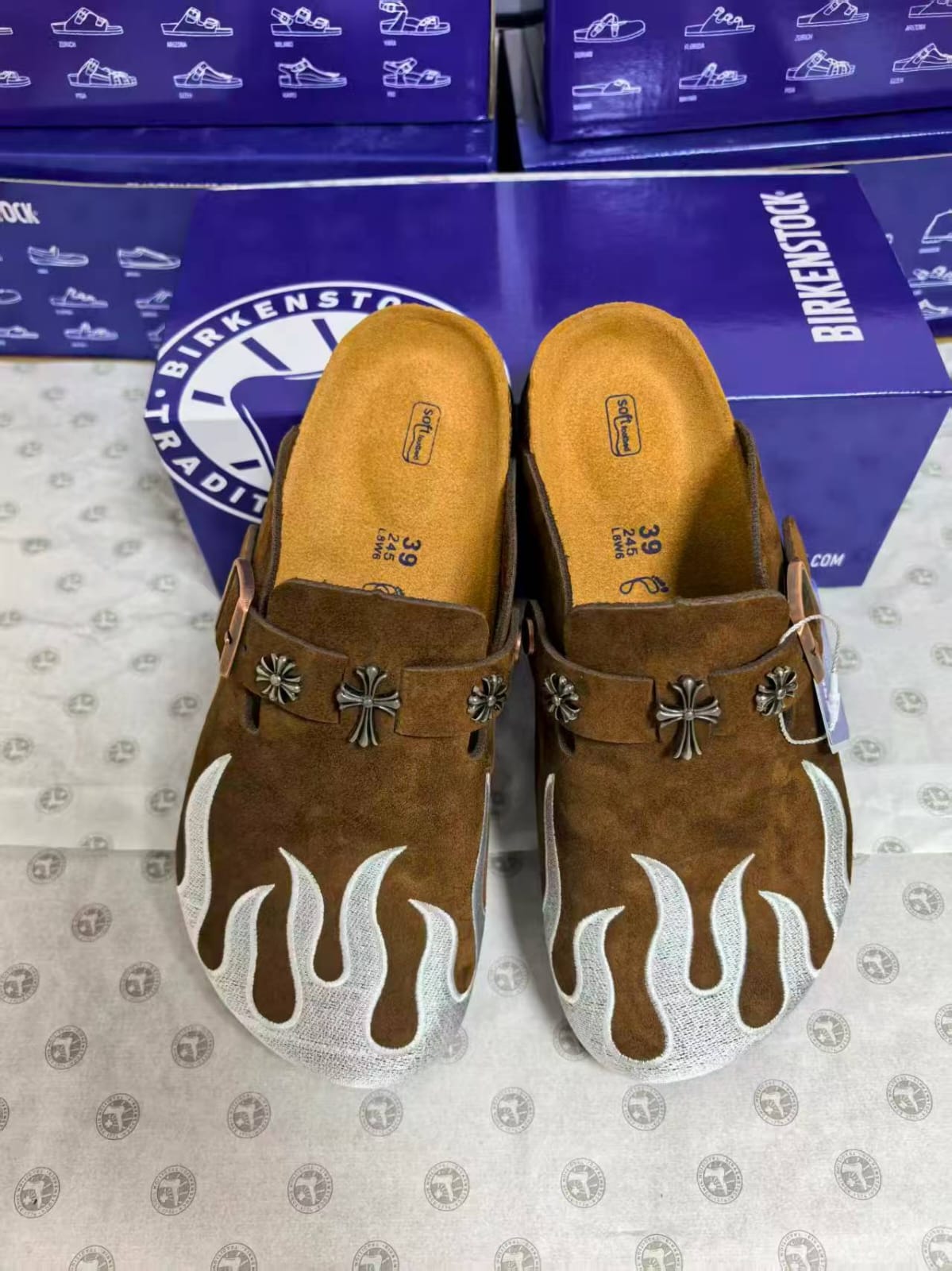 Birkenstock Boston Clog 'Chrome Hearts Custom - Brown Suede with Silver Flames